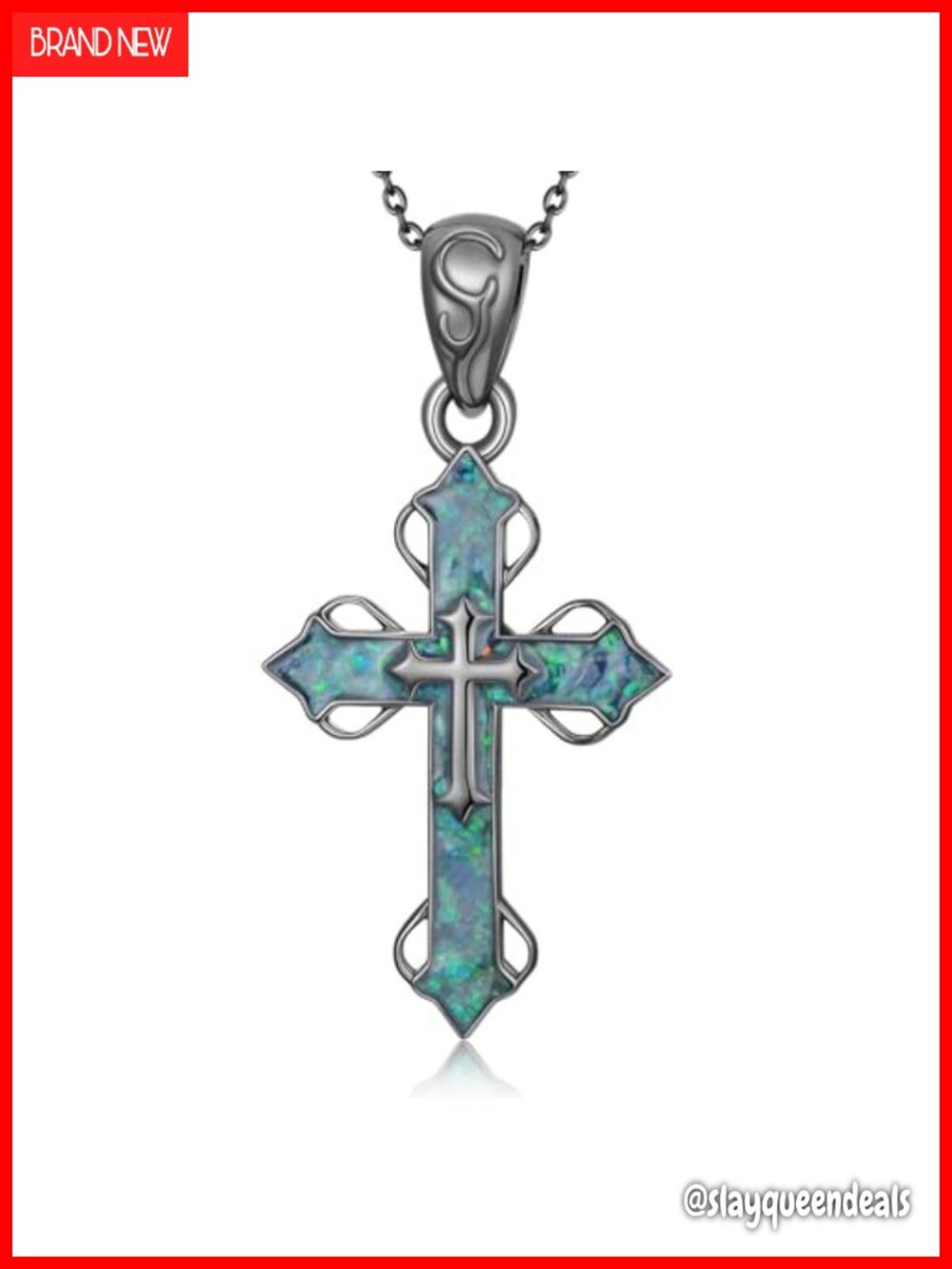 925 Sterling Silver Blue Opal Cross Pendant Necklace